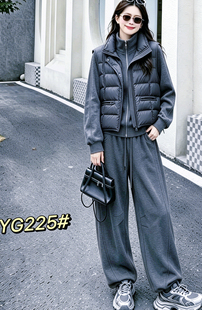2026新款冬季女装女士休闲运动三件套长裤长袖舒适棉马甲T恤 套装