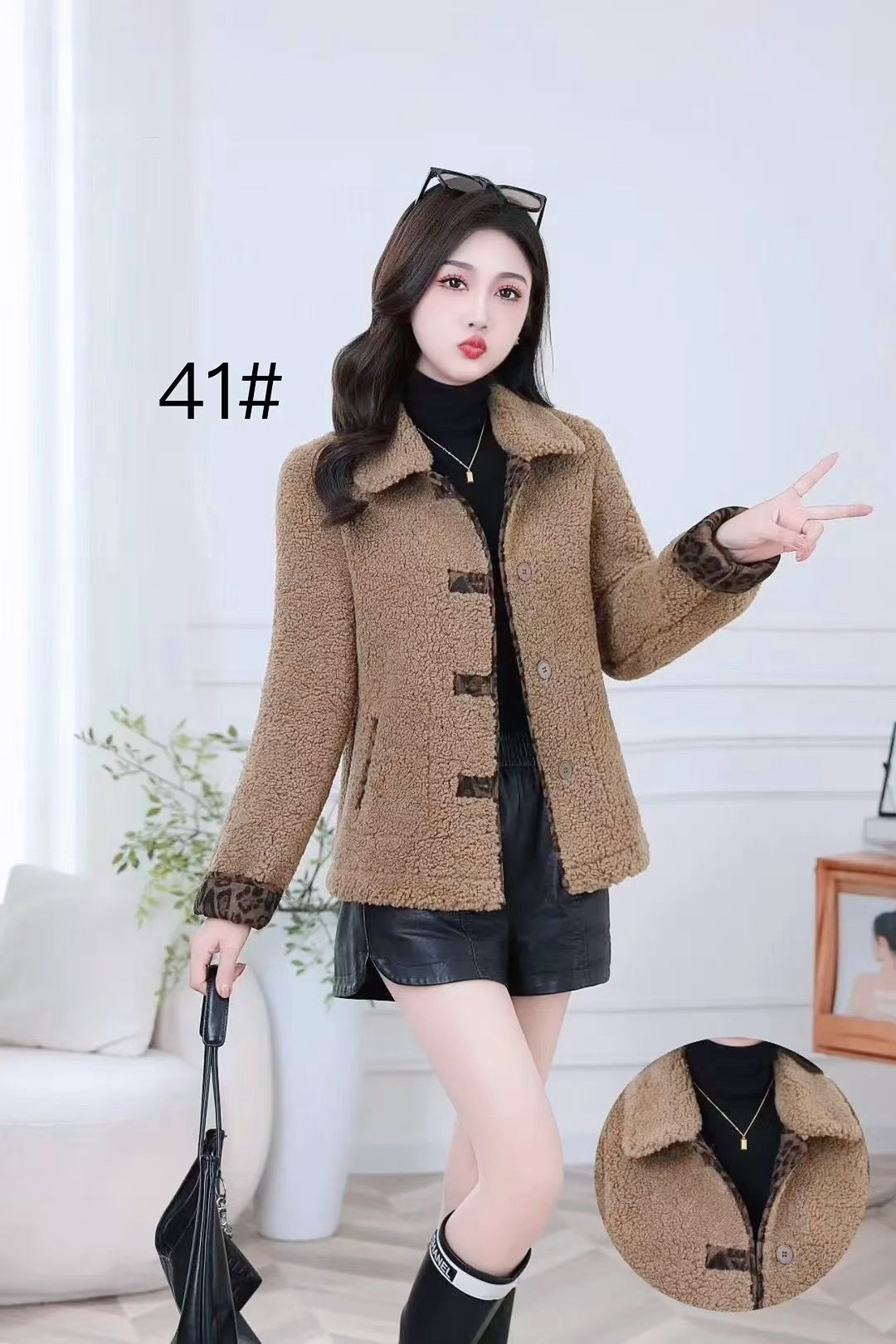 颗粒绒皮毛一体羊糕毛女2024冬季新品豹纹配色保暖加厚韩版外套