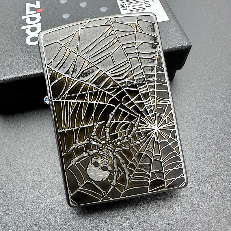 ZIPPO正品之宝打火机 日版原版常规 镀铬拉丝 银色黑漆 骷髅蜘蛛