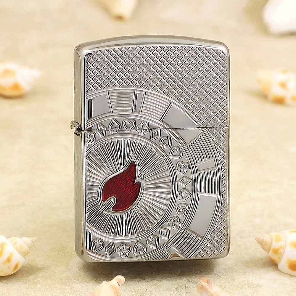 ZIPPO正品之宝打火机 美版原版盔甲 银色 娱乐扑克火焰标志49058
