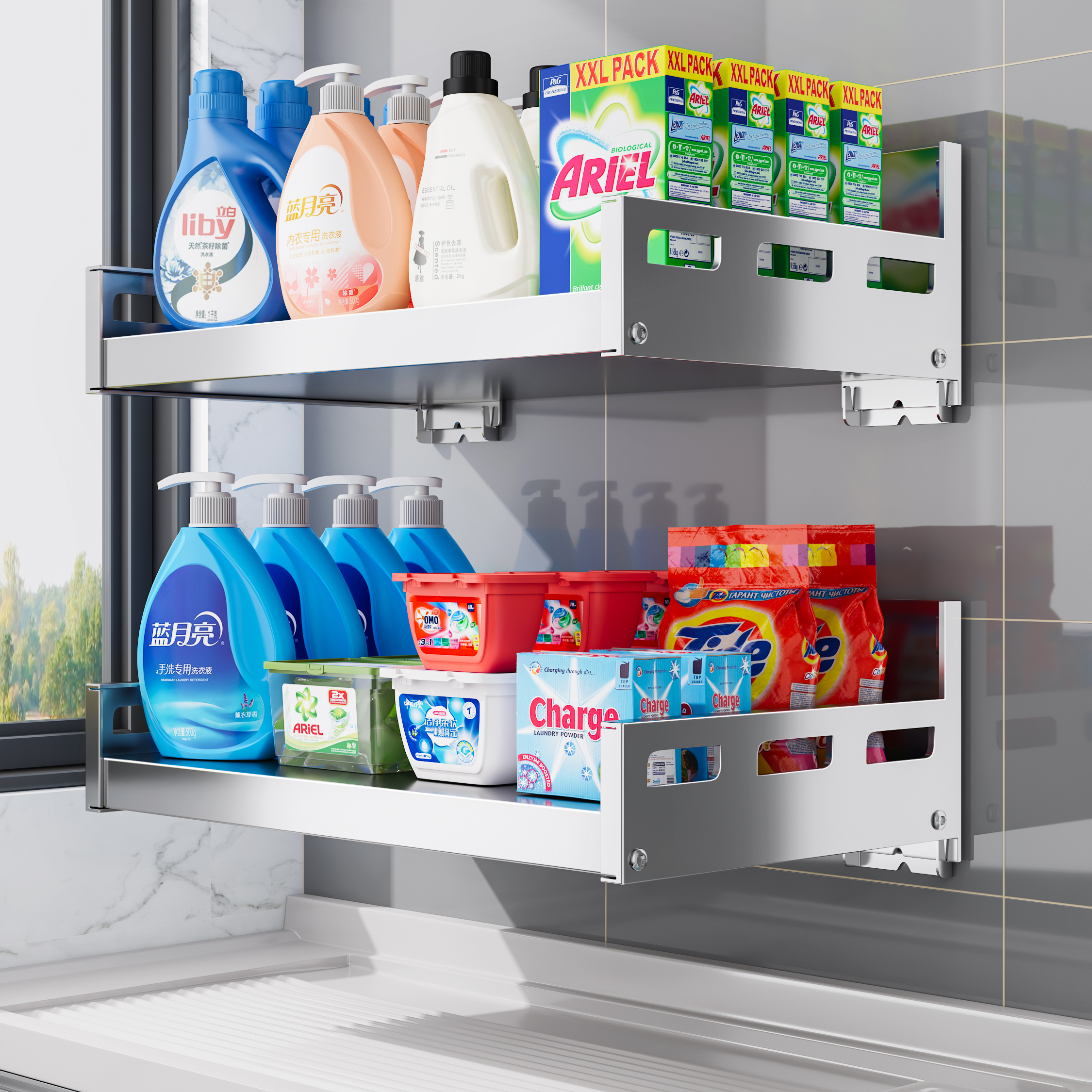 不锈钢置物架洗衣机上方壁挂式收纳洗衣液架免打孔挂衣服架花盆架