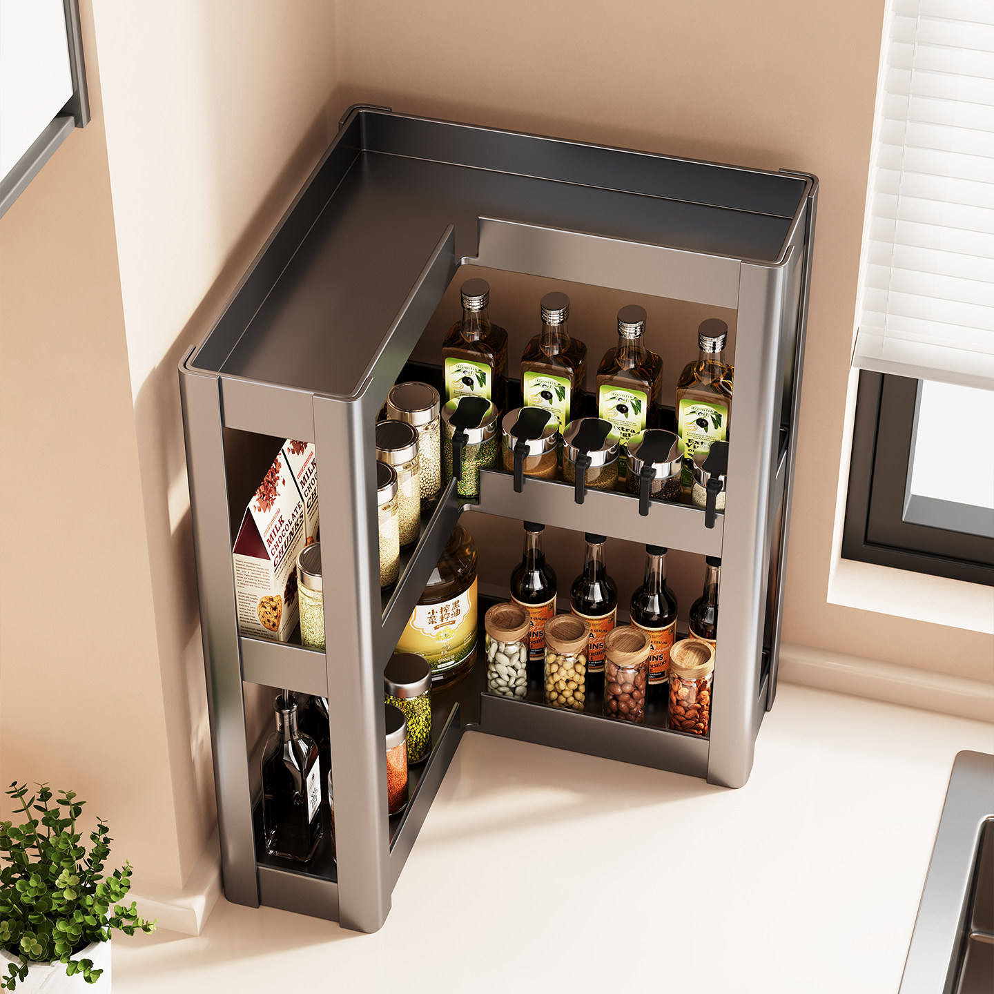 2025新款厨房转角调料品置物架多功能90度台面拐角调味料收纳放置