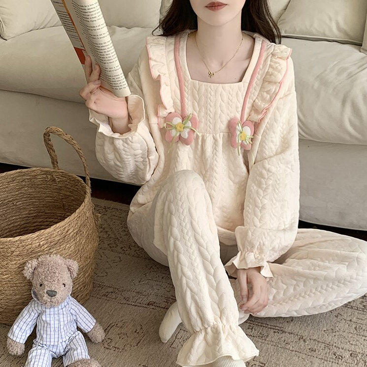 2025新款夹层棉秋冬季女士甜美睡衣加厚长袖长裤女性感家居服套装