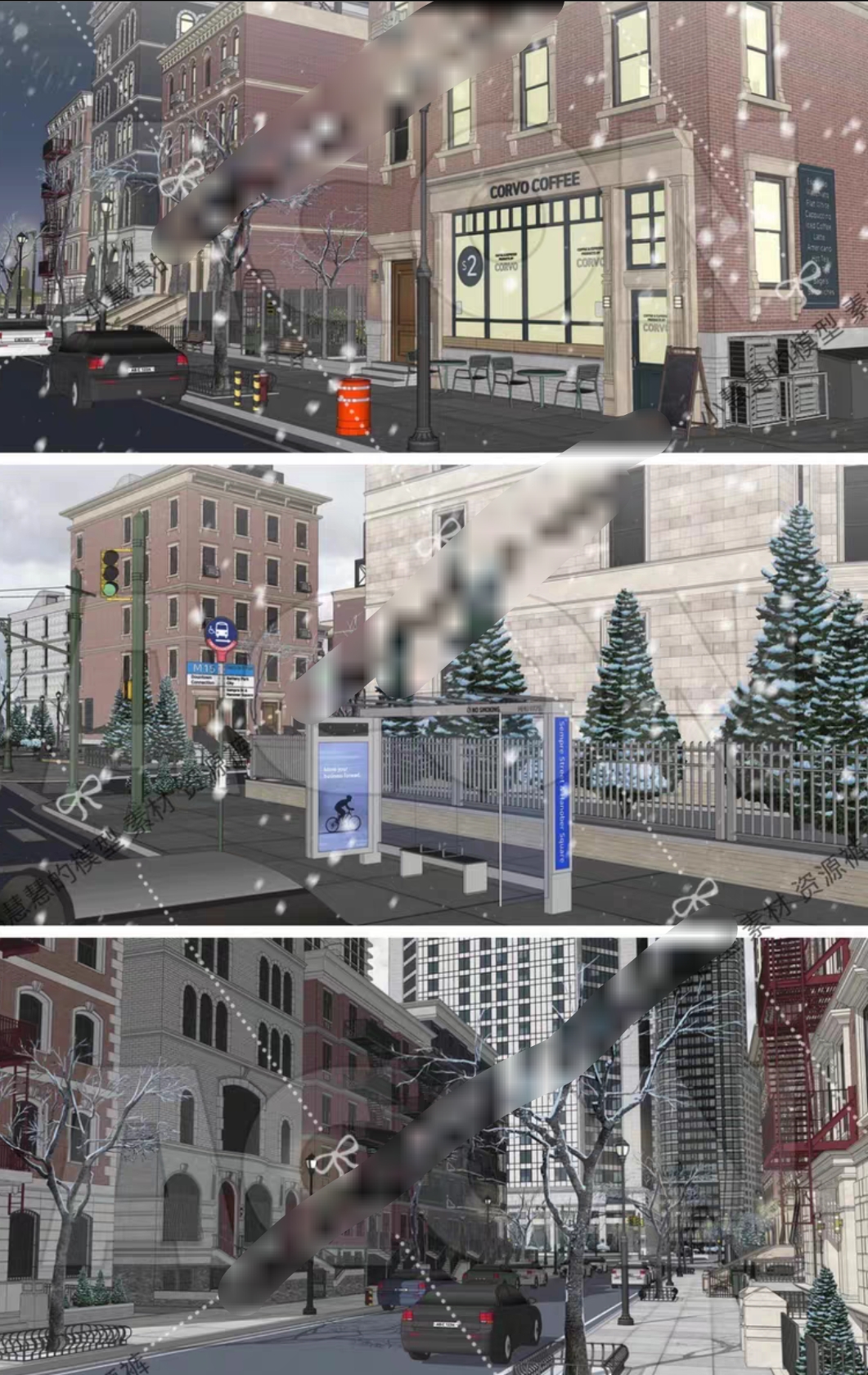 【acon3D】浪漫幻想美国四季城市 四季+昼夜+雨雪+圣诞树漫画背景