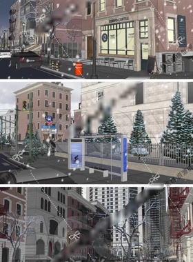 【acon3D】浪漫幻想美国四季城市 四季+昼夜+雨雪+圣诞树漫画背景