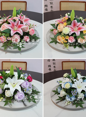餐桌摆花饭店桌面转盘中间装饰花