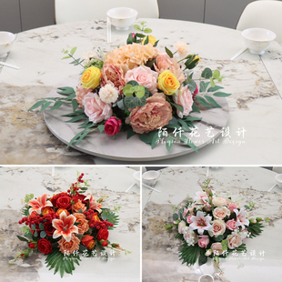 圆形酒店餐桌中间摆花餐厅圆桌花宴会装饰花艺会议室桌面摆件假花