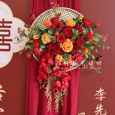 舞台背景挂花迎宾区装饰簸箕花艺