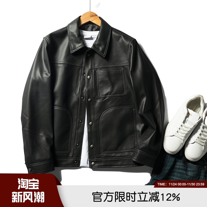 微廓版型休闲时尚翻领皮衣夹克男