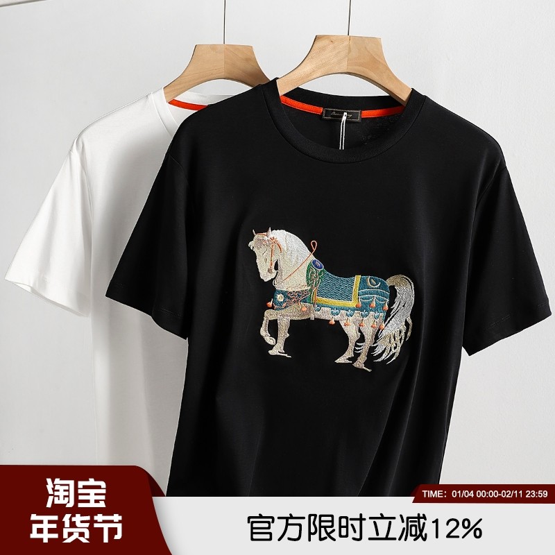 顶奢王炸丝光棉30W针精工刺绣高端夏季男女情侣百搭短袖T恤打底衫