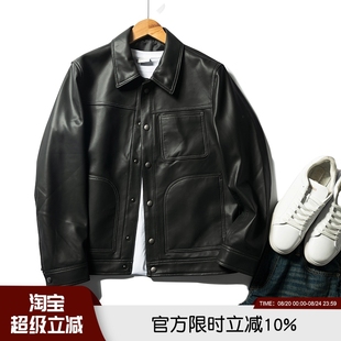 休闲时尚 痞帅有型 型春季 上等绵羊皮 翻领皮衣夹克外套男 微廓版