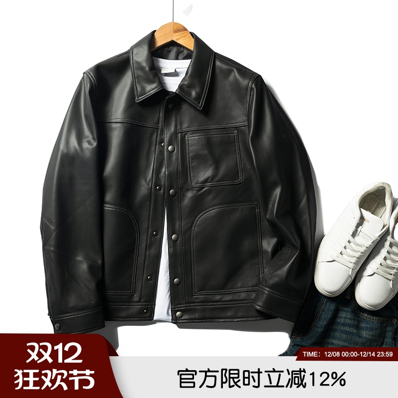 微廓版型休闲时尚翻领皮衣夹克男