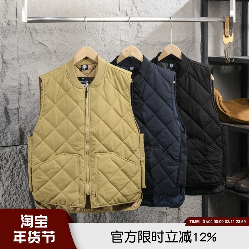 日系复古菱形绗缝设计秋冬男士夹棉保暖棒球领百搭坎肩潮流马甲潮,男装,常规马甲,淘宝优惠券,粉丝福利购,淘宝优惠卷