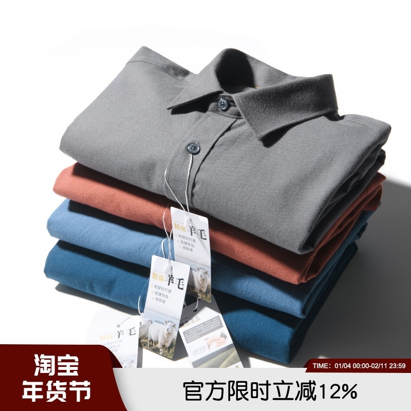 绵羊毛衬衫2025年秋冬男士高端水洗棉质透气商务休闲长袖纯色衬衣