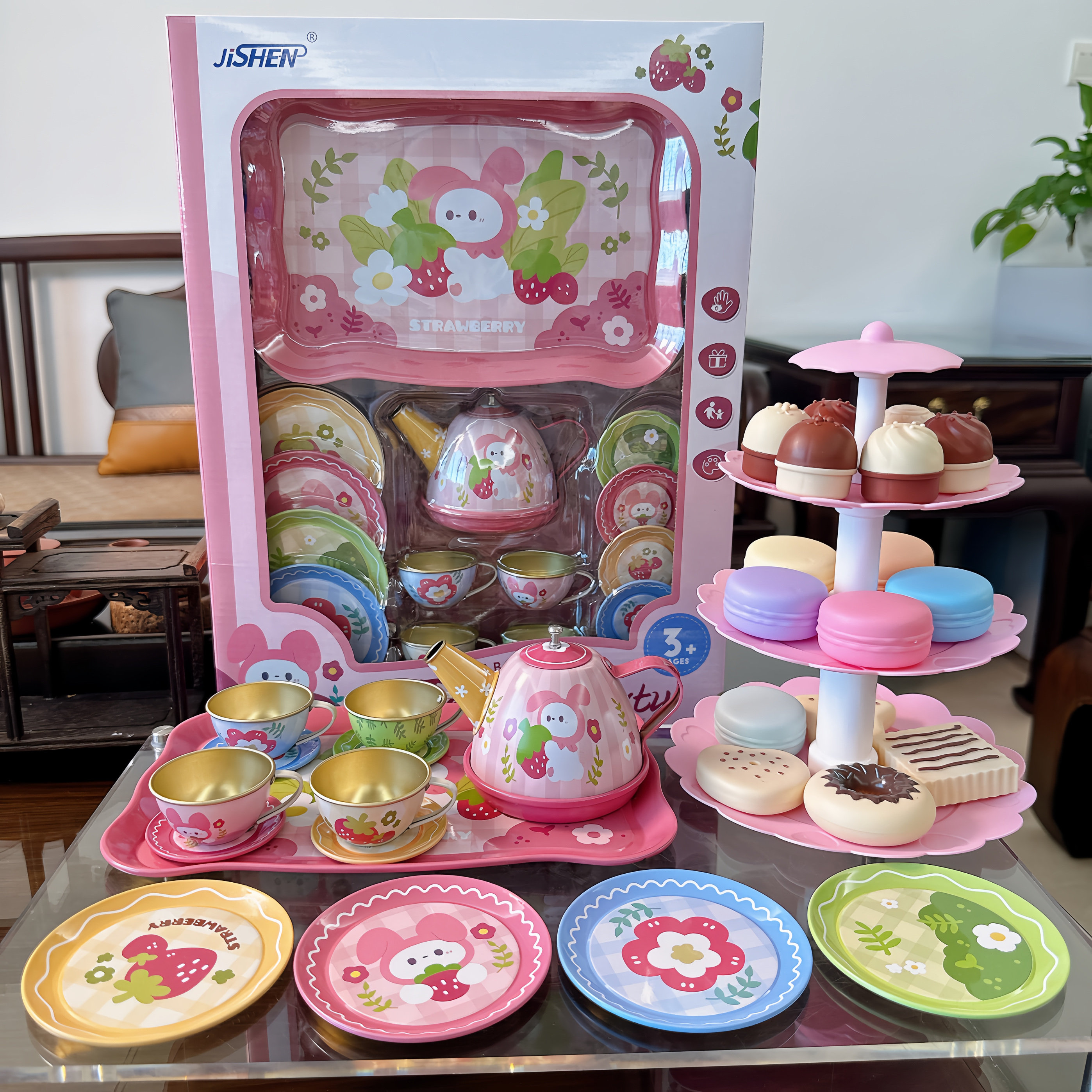 儿童仿真马口铁下午茶玩具过家家甜甜圈蛋糕架幼儿园茶具茶壶套装