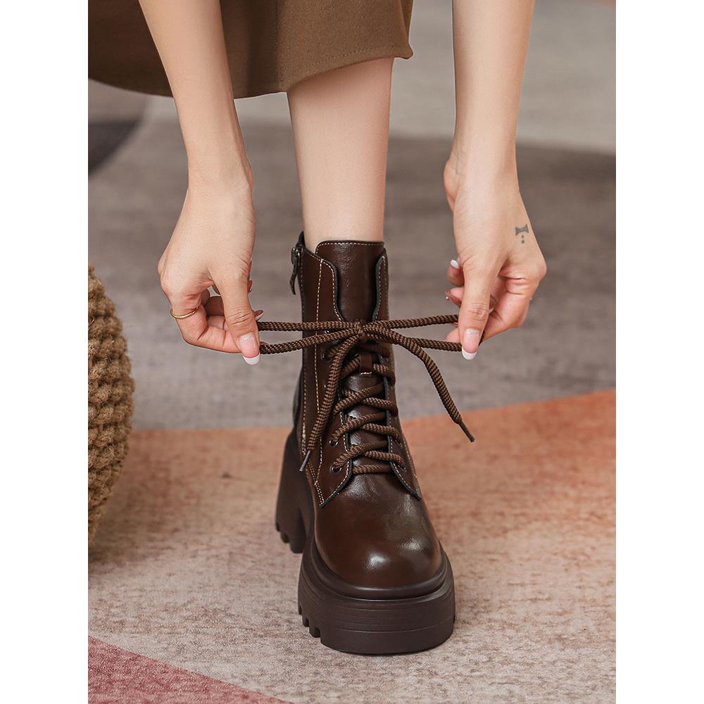 厚底马丁靴女内增高系带英伦短靴