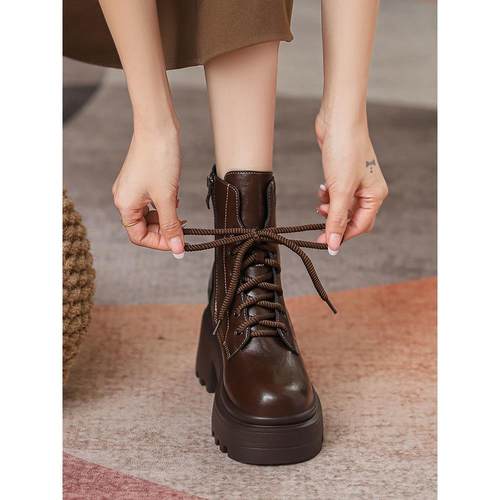厚底马丁靴女内增高系带英伦短靴