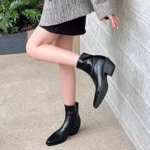 9cm内增高真皮尖头短靴女小个子法式 瘦瘦靴小众切尔西休闲加绒靴