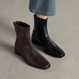 羊皮小短靴女2025年秋冬新款真皮气质方头软底舒适平底瘦瘦靴女
