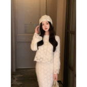 气质名媛打底针织钉珠连衣裙 白色蕾丝镂空女秋冬季 法式 茶歇