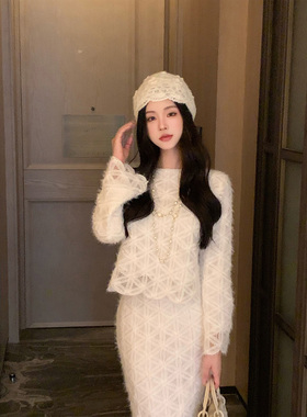 【法式茶歇】白色蕾丝镂空女秋冬季气质名媛打底针织钉珠连衣裙