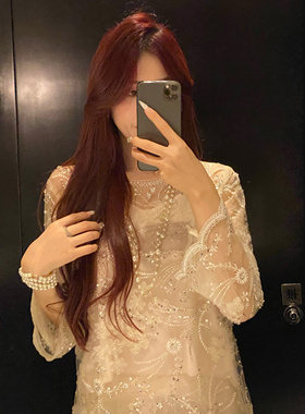 Haltz罗马假日重工亮片钉珠喇叭袖显瘦直筒裙气质轻奢显瘦连衣