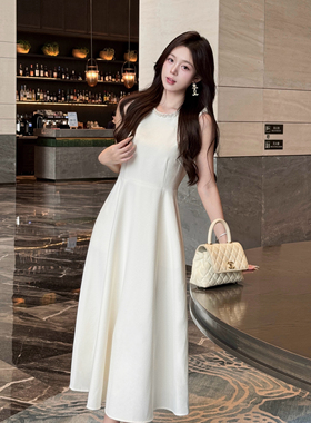 钱大大高定白月光钉珠赫本风白色连衣裙女气质订婚领证小礼服长裙