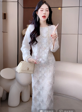 2026春装【秋冬序曲】新款白色羽毛3w针刺绣女高级感上衣+半裙