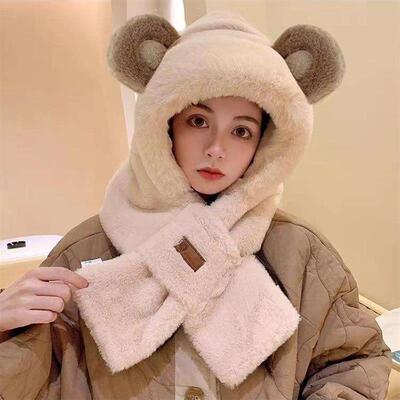 Plush teddy bear hat scarf integrated riding windproof ear
