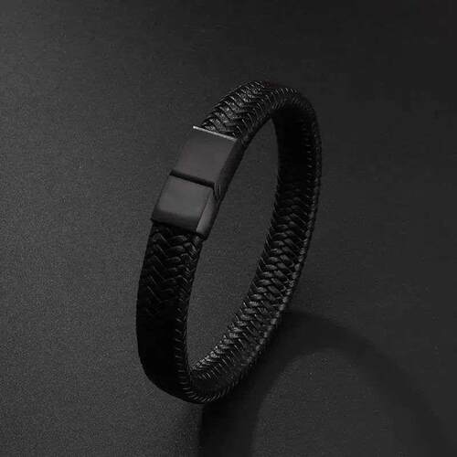 Classic Single Layer Black Woven Leather Bracelet with Metal