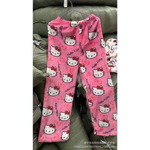 Cartoon T cat flannel pajama pants for womens coral