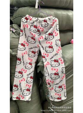 Cartoon T cat flannel pajama pants for womens coral vel