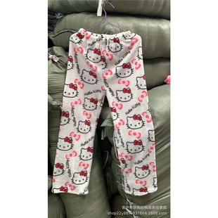 Cartoon T cat flannel pajama pants for womens coral vel