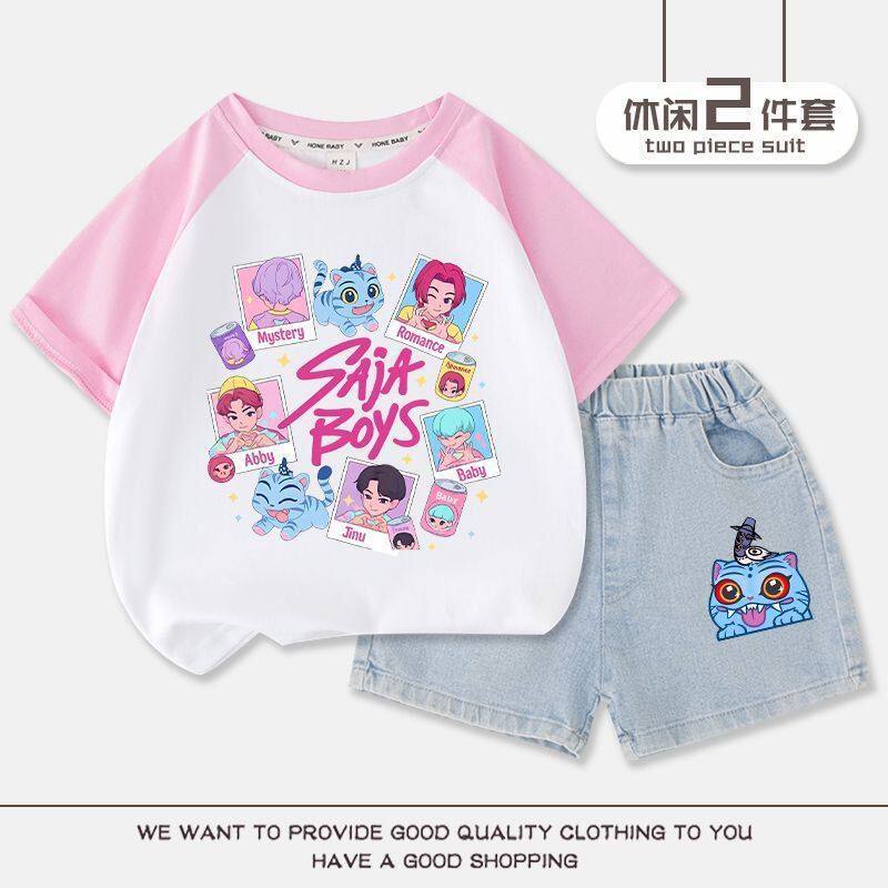 Kpop 猎魔女团女童短袖短裤休闲套装夏季款中大童洋气牛仔五分裤