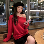 新品 新年氛围感红色斜肩针织毛衣镂空修身 显瘦设计感套头上衣女