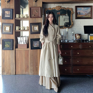 现货！巨好看风衣女中长款外套高个子亚麻大衣早秋双排扣长款大衣