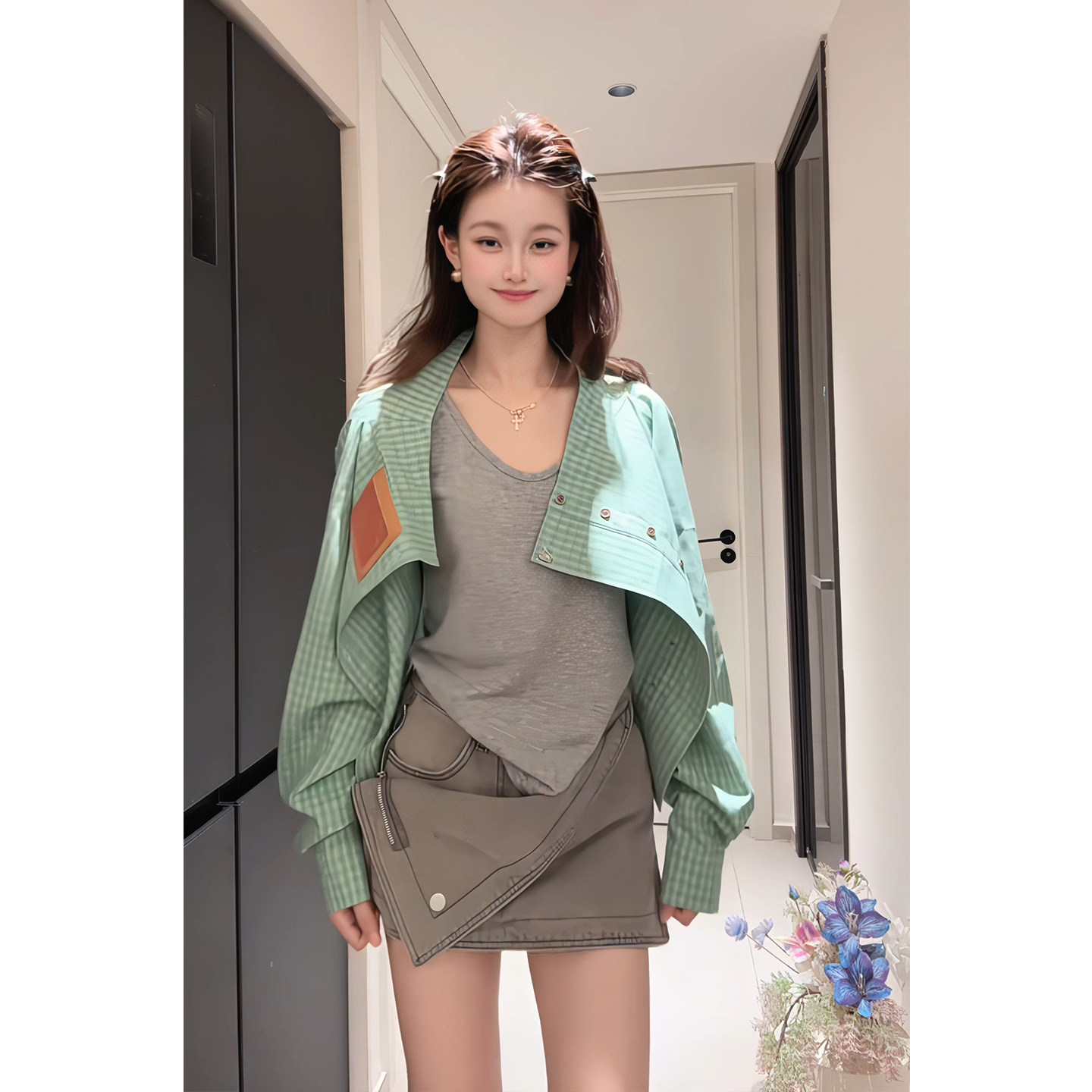 短款格纹小外套女薄荷绿拼接早秋图片