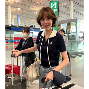 明星姜妍同款！蓝色polo领撞色针织上衣女夏季系带短袖t恤简约风