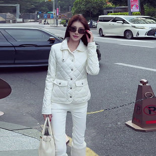 冬季小个子菱格棉服外套女款翻领修身女装短款棉衣白色通勤保暖