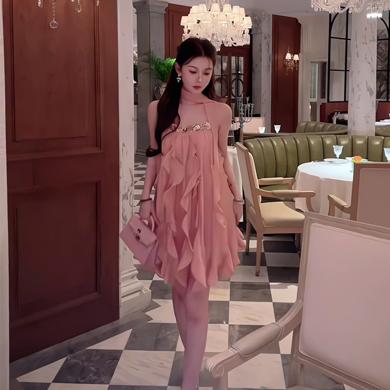 海边度假抹胸吊带连衣裙海浪设计