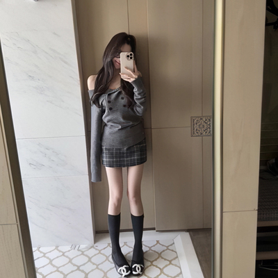 针织衫春季一字肩毛衣旧街半身裙