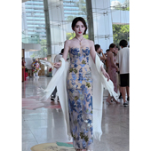 春夏款 蓝色高贵轻奢抹胸花朵重工亮片连衣裙修身 收腰宴会礼服裙