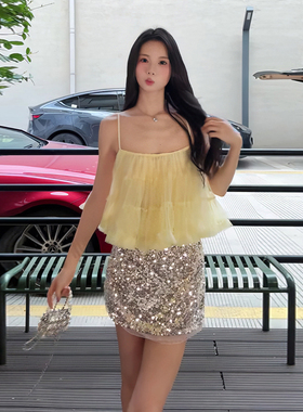 女团私服！小个子亮片闪闪半身裙+黄色网纱蛋糕吊带上衣女两件套