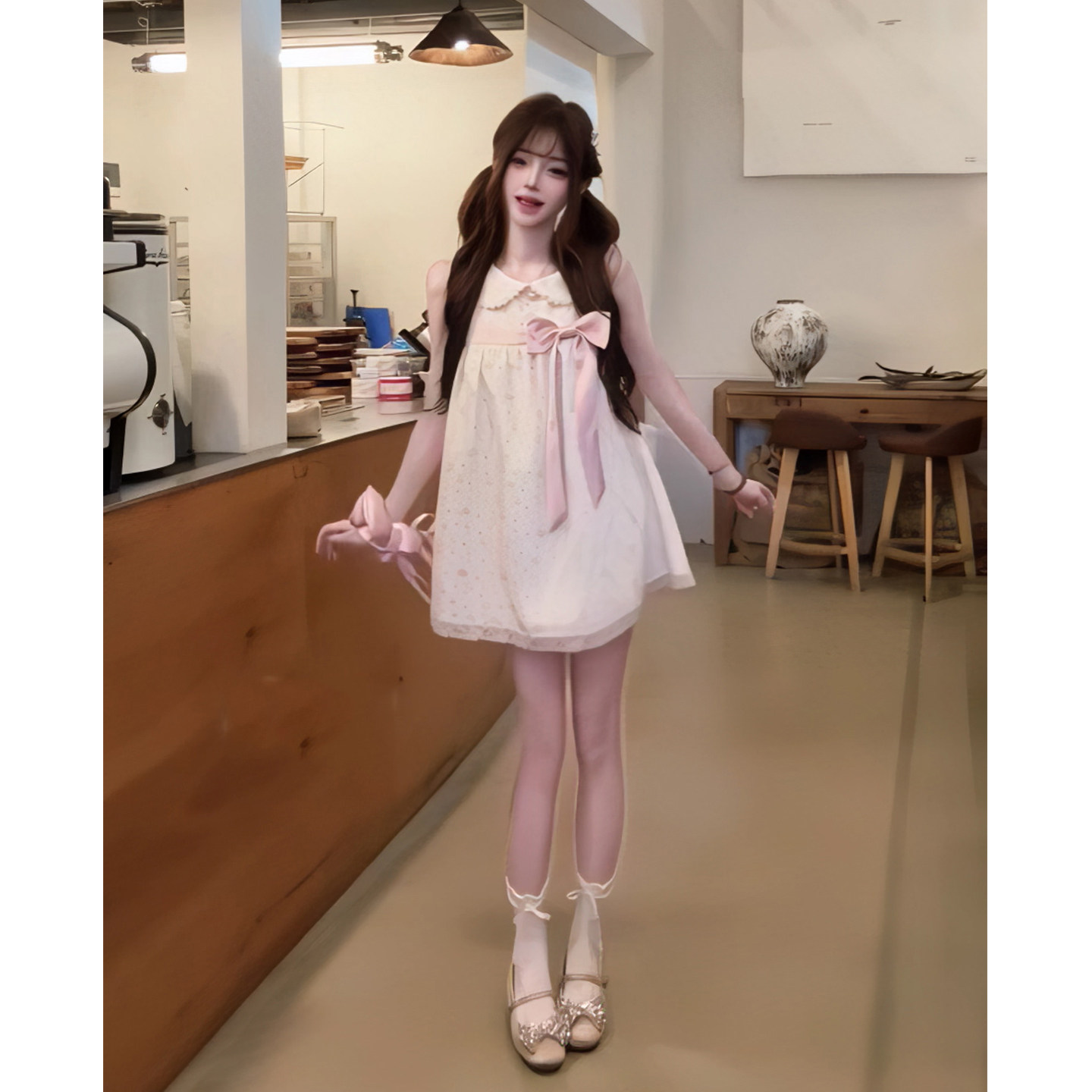 夏季上新！白桃碎纱~甜妹蕾丝无袖娃娃裙拼色连衣裙娃娃领小个子
