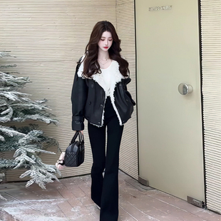 现货！复古风黑色毛绒翻领皮衣女短款保暖显瘦外套皮毛一体机车服