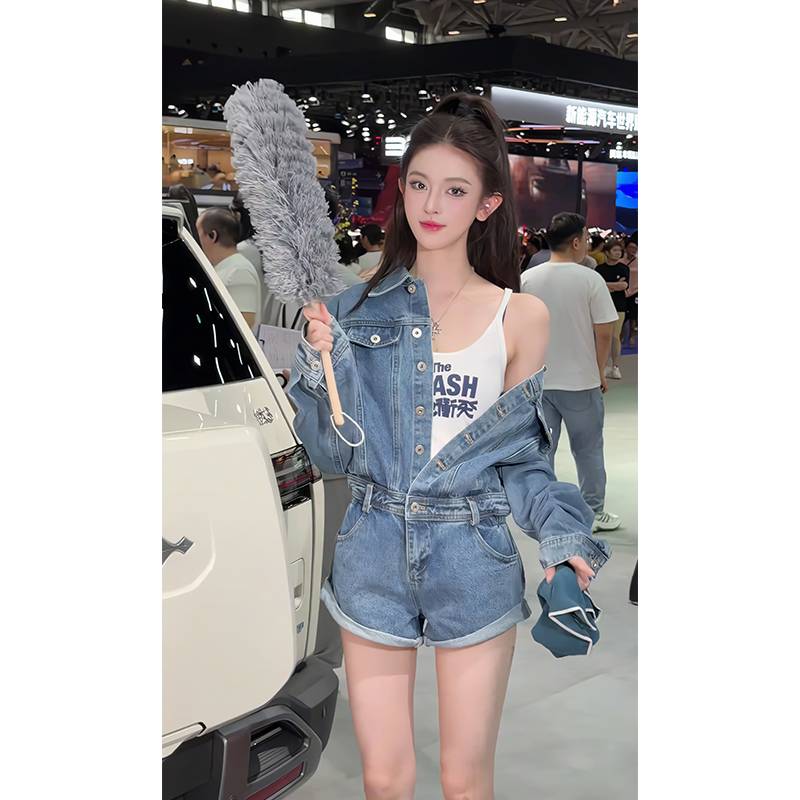 复古牛仔长袖连体短裤女高腰御姐