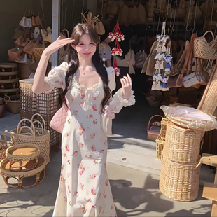 现货！春夏泡泡袖法式度假风茶歇碎花连衣裙高腰收腰长裙仙女长裙