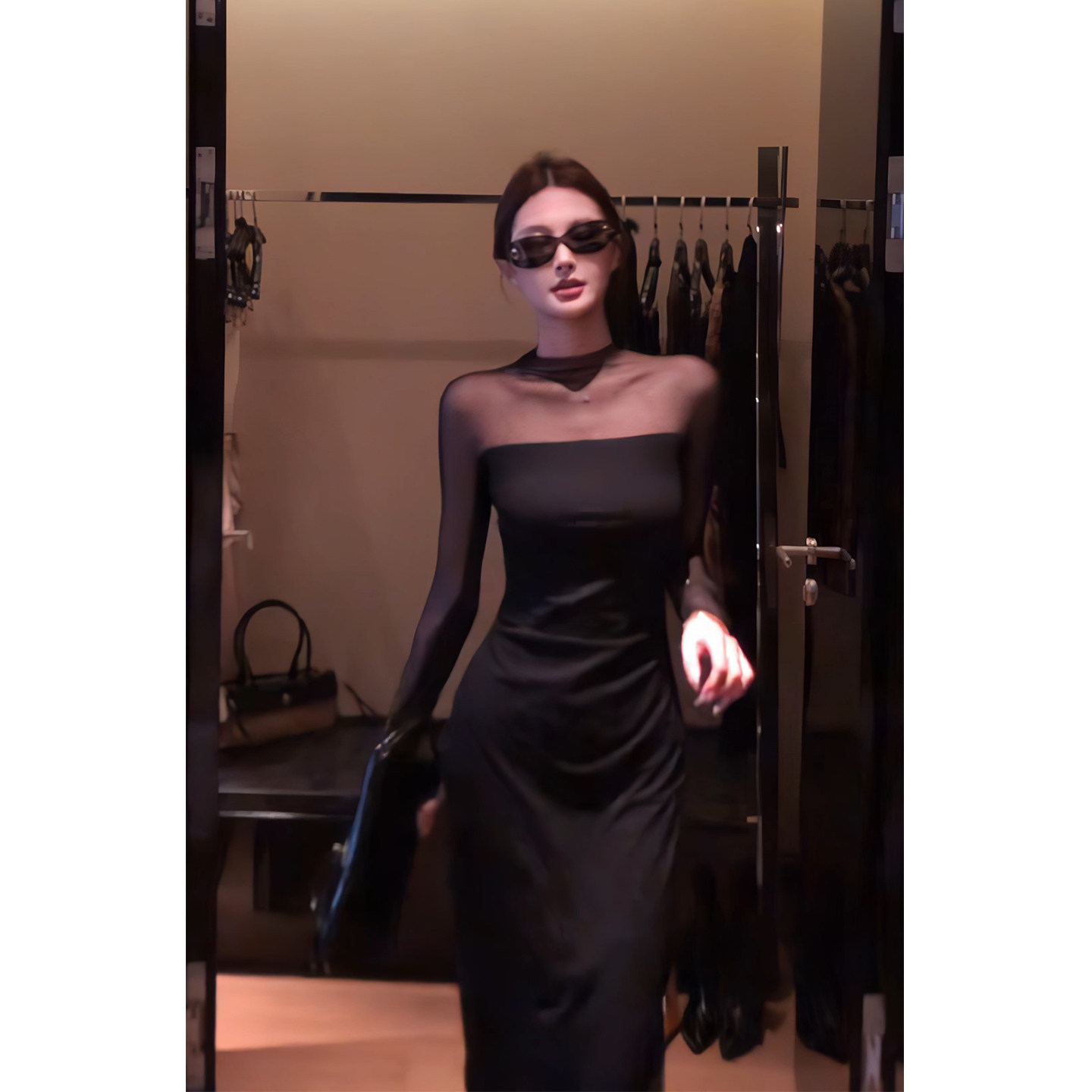 已出货！曼妙~网纱拼接半高领黑色连衣裙女长袖春秋纯欲透视长裙