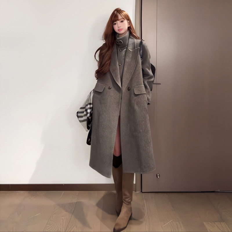 秋冬上新！假两件高级感翻领高领毛呢大衣女中长款韩版外套百搭款