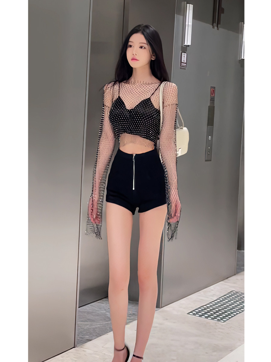 到货辣妹性感欧美外穿拼接闪钻上衣吊带高腰百搭短裤热裤套装女夏